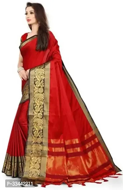 Stylish Red Cotton Blend Woven Design Saree with Blouse piece For Women-thumb3