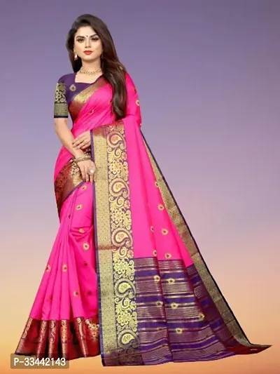 Stylish Pink Cotton Silk Woven Design Saree with Blouse piece For Women-thumb0