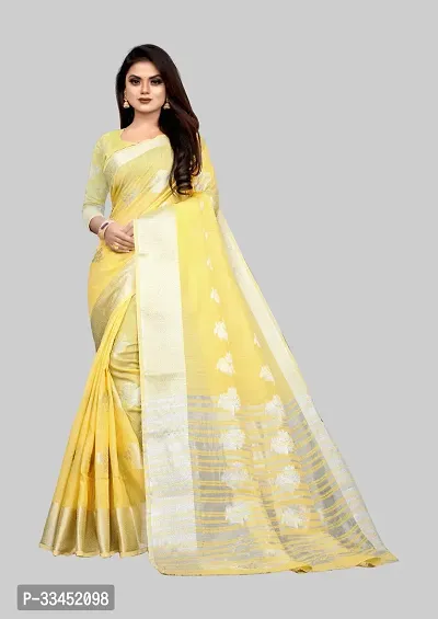 Stylish Yellow Cotton Silk Saree With Blouse Piece For Women-thumb0