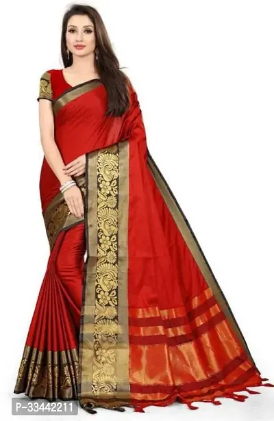 Stylish Red Cotton Blend Woven Design Saree with Blouse piece For Women