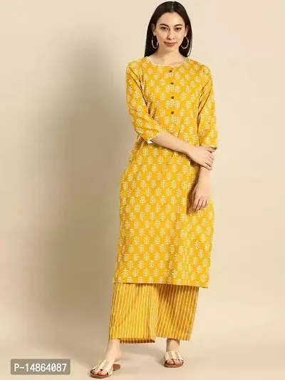 Attractive Yellow Cotton Kurti Bottom Set For Women-thumb0