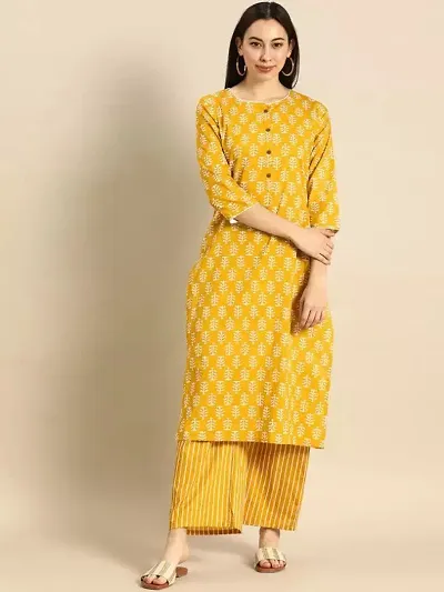 Attractive Yellow Cotton Kurti Bottom Set For Women