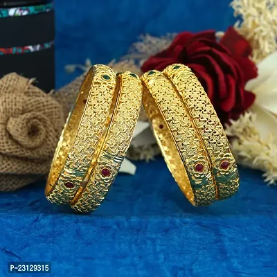 Four Classic Red Green Kempu Ad Stone Floral Bangles For Women-thumb2