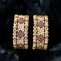 Set Of Six Ruby Pink And Green Kempu Stone Rajwadi Matte Gold Plated Bangles For Women-thumb3