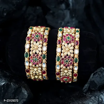 Set Of Six Red Green Kempu Kundan Stone Matte Gold Plated Bangles For Women