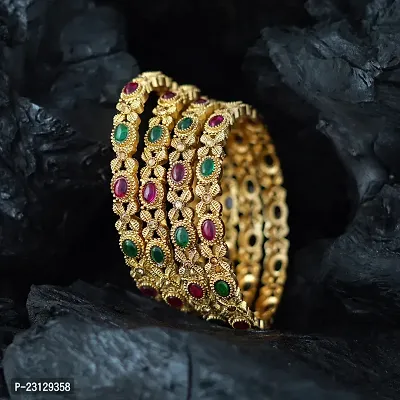 Four Red Green Kundan Kempu Stone Matte Gold Plated Bangles For Women