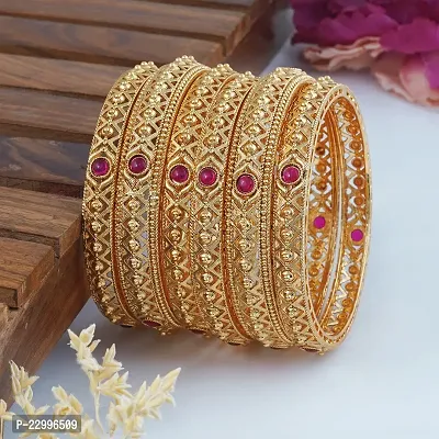 Classic Set Of Six Floral Design Ruby Pink Kempu Stone Antique Gold Plated Bangles Bangdi Chudi For Women