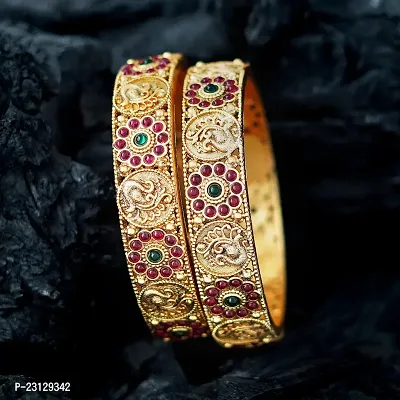 Two South Indian Peacock Theme Red Green Kempu Stone Matte Gold Plated Bangles For Women