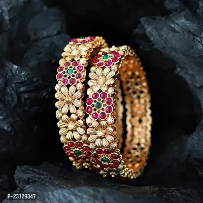 Two Floral Ruby Pink And Green Ad Stone Matte Gold Plated Bangles For Women