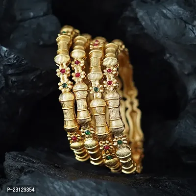 Four Floral Design Red Green Kempu Stone Gold Plated Bangles For Women