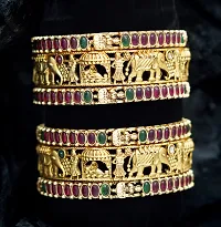 Set Of Six Elephant And Doli Motif Red Green Stone Matte Gold Plated Bangles For Women-thumb1