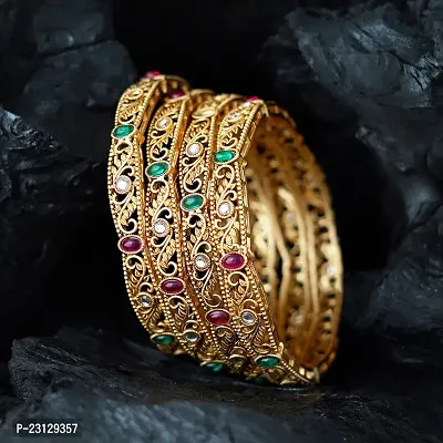 Four Red Green Kundan Kempu Ad Stone Matte Gold Plated Bangles For Women