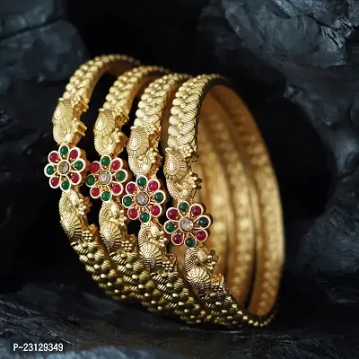 Four Peacock Theme Ruby Pink Green Kempu Stone Matte Gold Plated Bangles For Women