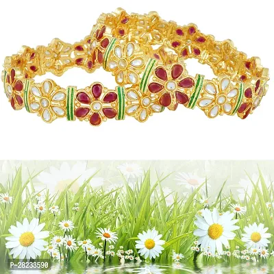 Mansiyaorange Set Of Two Floral Multicoloured Kundan Golden Bangles For Women-thumb2