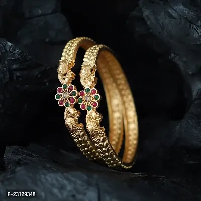 Two Peacock Theme Ruby Pink Green Kempu Stone Matte Gold Plated Bangles For Women