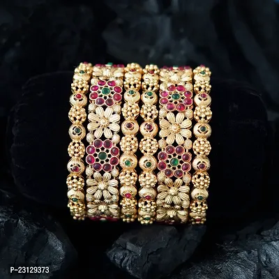 Set Of Six Ruby Pink And Green Kempu Stone Rajwadi Matte Gold Plated Bangles For Women-thumb0