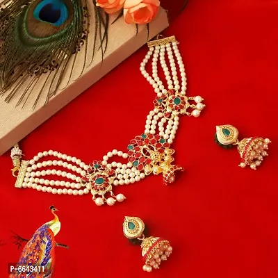 Mansiyaorange Pearl Kundan Red Green Ad Peacock Choker Necklace Jewelery/Jualry/Imitati-thumb0