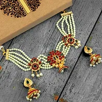 Mansiyaorange Pearl Kundan Red Green Ad Peacock Choker Necklace Jewelery/Jualry/Imitati-thumb1