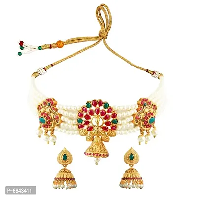Mansiyaorange Pearl Kundan Red Green Ad Peacock Choker Necklace Jewelery/Jualry/Imitati-thumb5