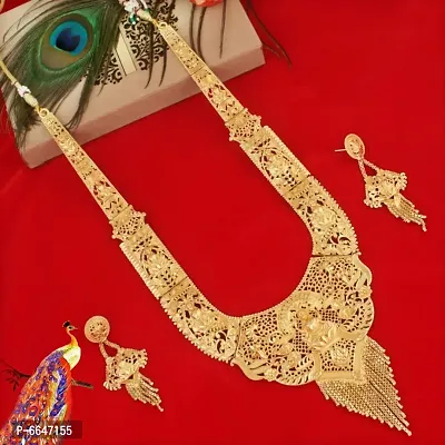 Mansiyaorange Maa Lakshmi Gold Plated Long Haram Necklace  Temple Jewellery Set  for Women and Girls
