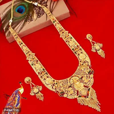 Mansiyaorange  Maa Lakshmi Gold Plated Long Haram Necklace Temple Jewellery Setfor Women and Girls