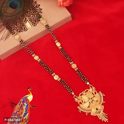 Maa Lakshmi Theme Long Triple Layered Black Beads Mangalsutra For Women