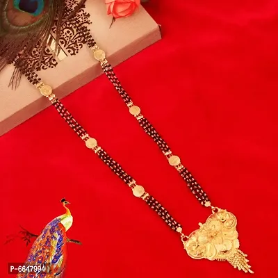 Maa Lakshmi Theme Long Triple Layered Black Beads Mangalsutra For Women