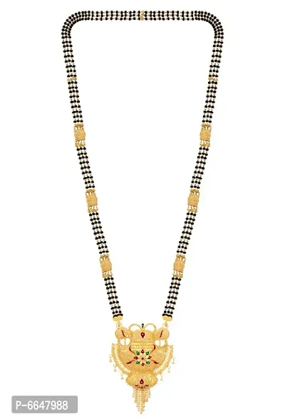 Maa Lakshmi Theme Long Triple Layered Black Beads Mangalsutra For Women-thumb5