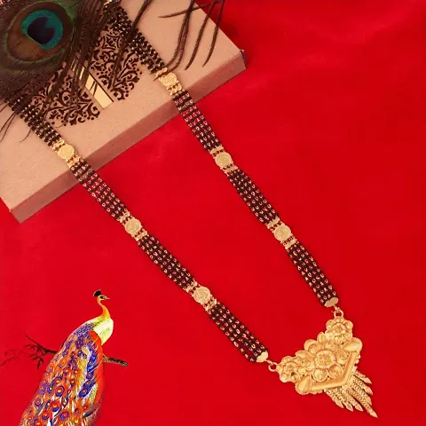 Maa Lakshmi Theme Four Layered Black Beads Chain Mangalsutra For Women