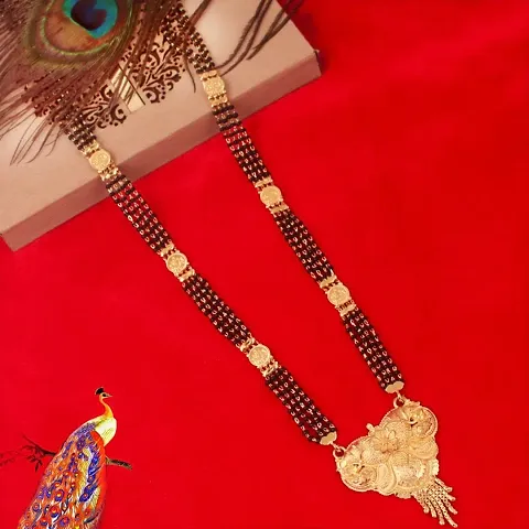 Maa Lakshmi Theme Four Layered Black Beads Chain Mangalsutra For Women