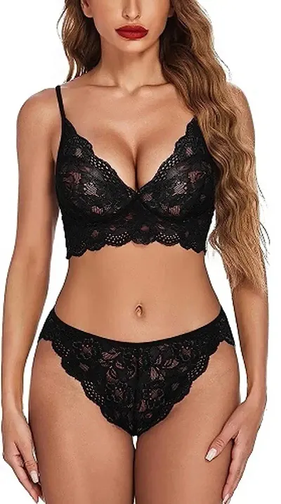 Evliana Women Fancy lace Bra Panty Honeymoon lingerie set ( Free Size)