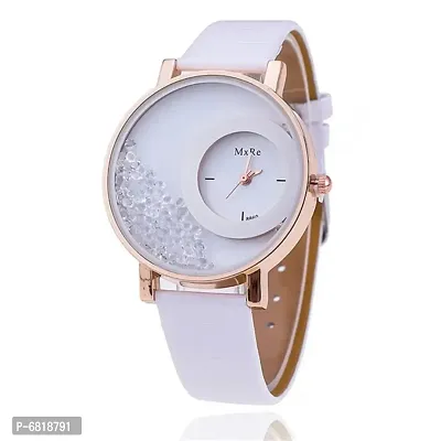 MxRe White Leather Strap Crystals Dial Wrist Watch for Women  Girls-thumb0