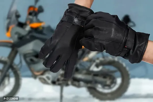 Men's Black Solid Leather Winter Riding Gloves, Protective Cycling Bike Gloves-thumb5