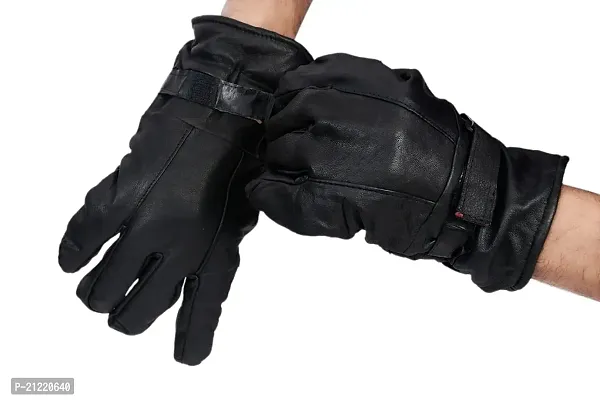 Men's Black Solid Leather Winter Riding Gloves, Protective Cycling Bike Gloves-thumb3