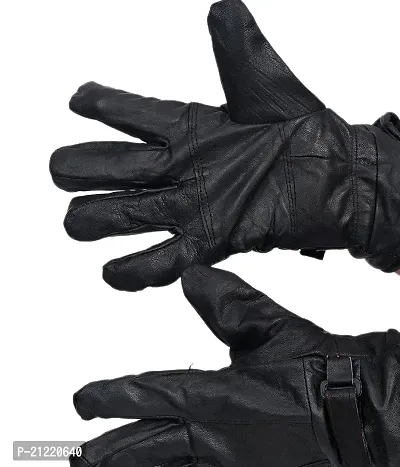 Men's Black Solid Leather Winter Riding Gloves, Protective Cycling Bike Gloves-thumb4