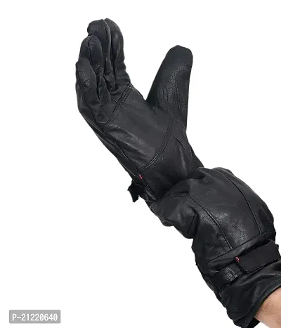 Men's Black Solid Leather Winter Riding Gloves, Protective Cycling Bike Gloves-thumb0