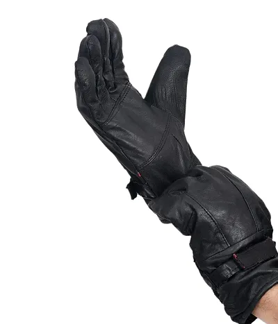 Men's Black Solid Leather Winter Riding Gloves, Protective Cycling Bike Gloves