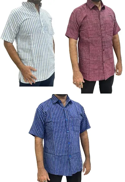 Reliable Khadi Striped Casual Shirts For Men Pack Of 3