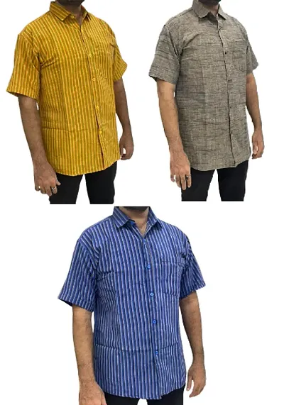 Reliable Khadi Striped Casual Shirts For Men Pack Of 3