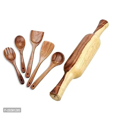 Combo Of Wooden Kitchen Utensil Set 5 Cooking Utensils Spatula Spoons And Kbherus Heavy Weight Wooden Rolling Pin Roller Thick ,Roti Belan