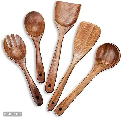 Craftize Mstore Wooden Kitchen Utensil Set 5 Cooking Utensils Spatula Spoons For Cooking Nonstick Cookware, 100% Handmade By Natural Teak Wood