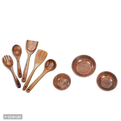 Combo Of Wooden Kitchen Utensil Set 5 Cooking Utensils Spatula Spoons And Handmade Wood Small Serving Bowl-thumb0