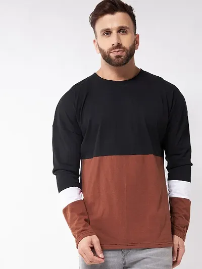 Men Oversized Color Block Round Neck White, Brown, T-Shirt