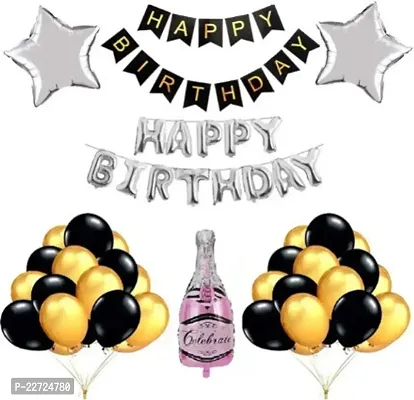Premium Quality Bottle Balloons And Banner Birthday Decoration Set (Pack Of 67) (Black AndSilver)