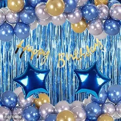 Premium Quality Blue Golden Silver Happy Birthday Theme Combo With Banner, Balloons, Star Foil-thumb0