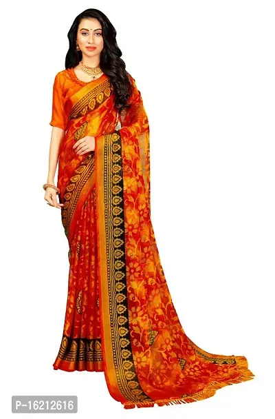 Stylish Cotton Blend Orange Printed Saree with Blouse piece For Women-thumb0