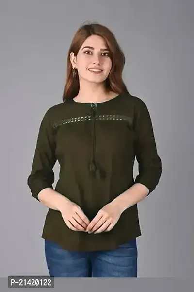 Elegant Rayon Olive Key Hole Neck 3/4 Sleeve Solid Top For Women