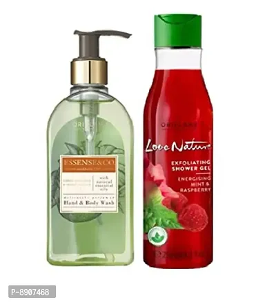 Essence  co.Green Mandarin  Orange Blossom Hand  Body Wash 300ML and Exfoliating Shower Gel Energising Mint  Raspberry 250 ML(LOVE NATURE by Oriflame) (combo)-thumb0