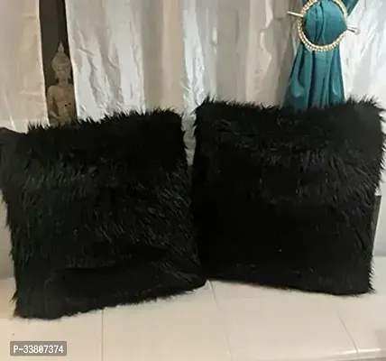 Black Faux Fur Cushion Covers 12x12 Inch  Pack of 2-thumb2