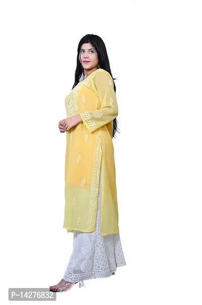 Zeeba Hand Embroidered Gala Booti Work Round Neck Chiffon Lucknowi Chikan Kurti (X-Large, Light Yellow)-thumb3